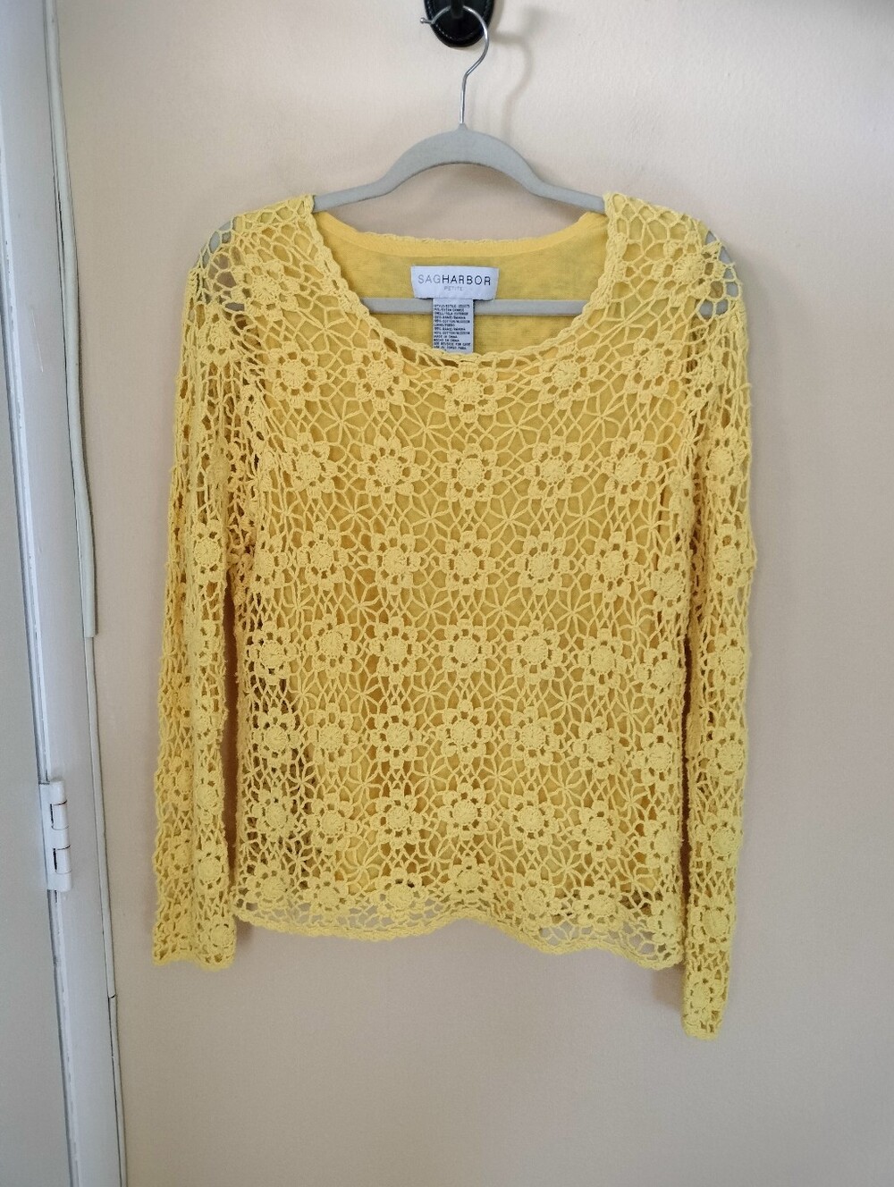 Sag Harbor XLP Cotton Blend Yellow Open Weave Floral Crochet Top Attached Tank
